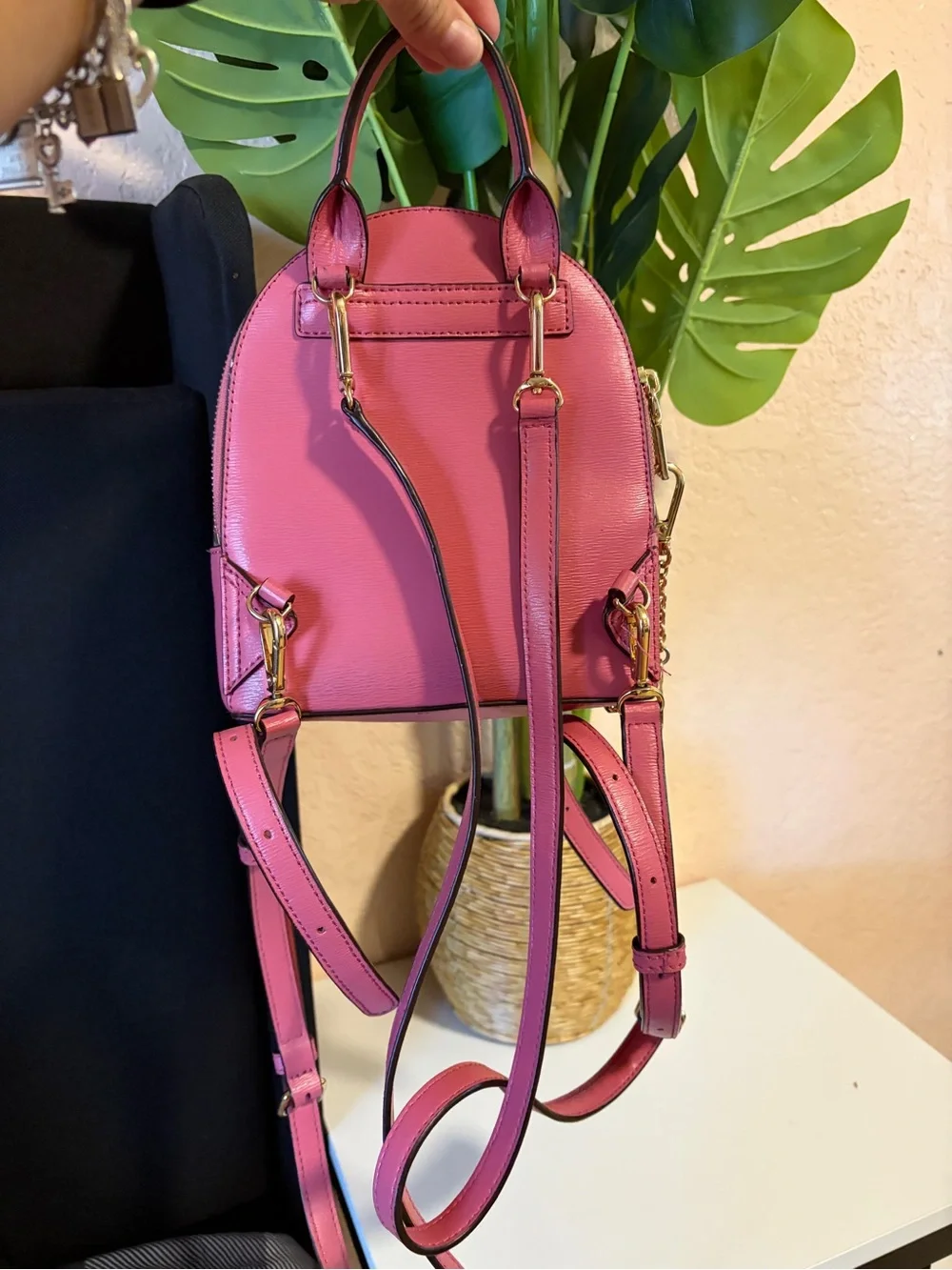 DKNY Hot Pink Mini Leather Backpack with Gold Hardware